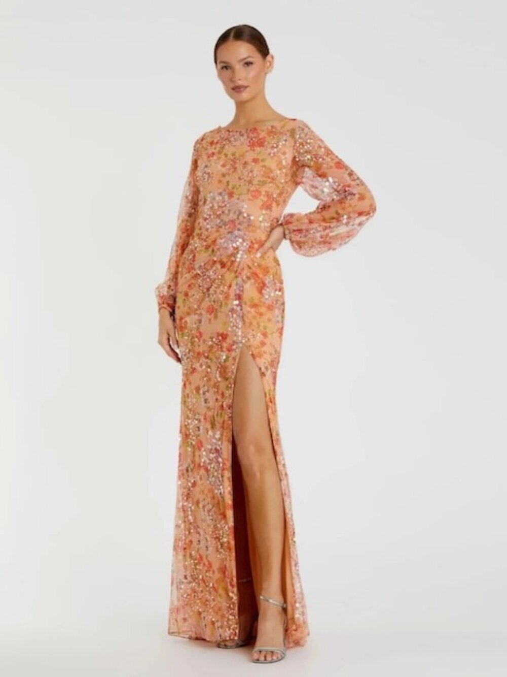 Mac Duggal Apricot Floral Sequin Long Puff Sleeve Gown